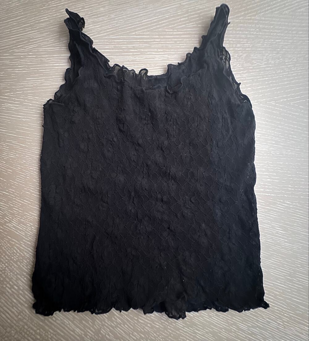 Vintage Whimsygoth Sheer Black Lace Ruffle Lettuce Edge Camisole Cami Top